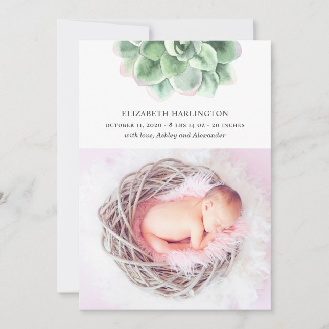 Watercolor succulent. Newborn. Green cactus birth Announcement (Front)