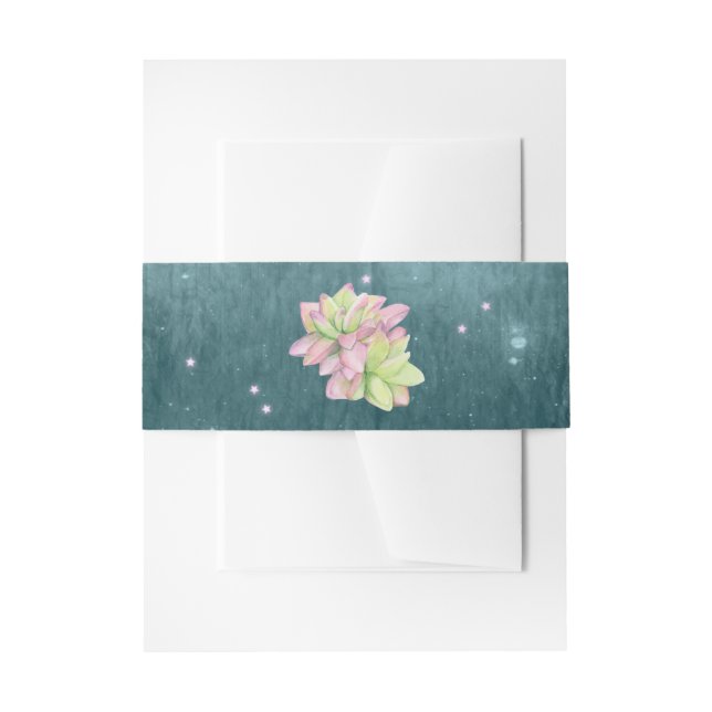 Watercolor Succulent on Rustic Teal Invitation Belly Band (Front Example)