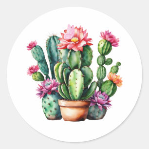 Watercolor Succulent Plants, Blooming Cactus Classic Round Sticker