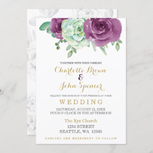 watercolor succulent plum roses wedding invitation