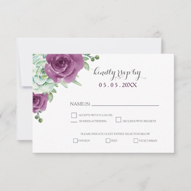 watercolor succulent plum roses wedding rsvp (Front)