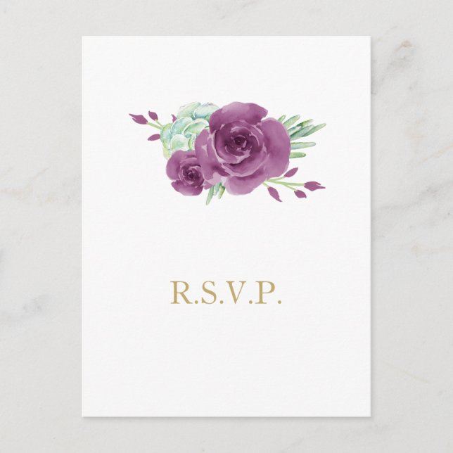 watercolor succulent plum roses wedding rsvp invitation postcard (Front)