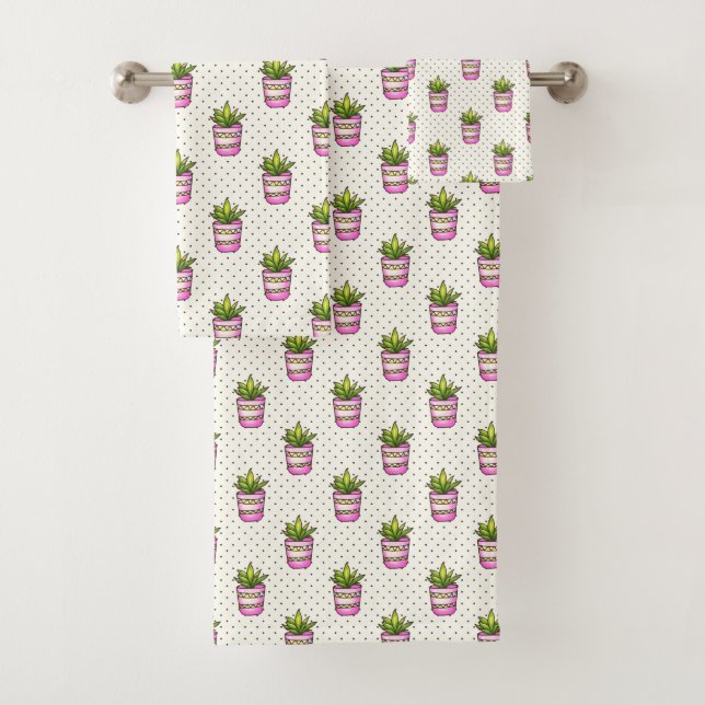 Watercolor Succulent Polka Dot Pattern Bath Towel Set (Insitu)