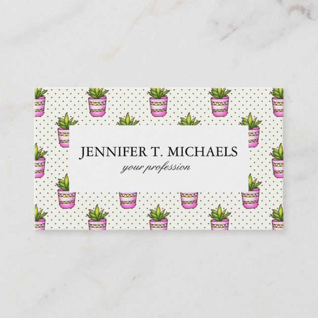 Watercolor Succulent Polka Dot Pattern Business Card (Front)