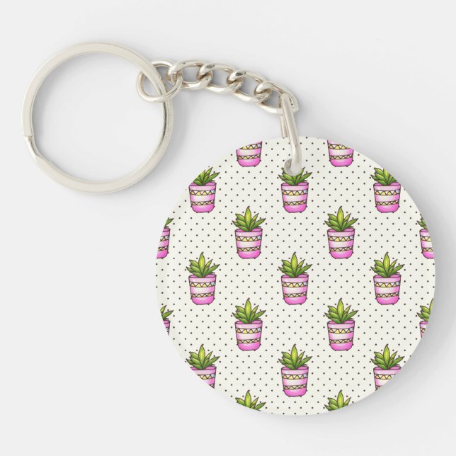 Watercolor Succulent Polka Dot Pattern Key Ring (Front)