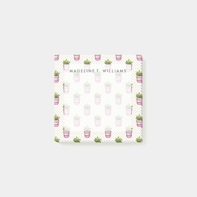 Watercolor Succulent Polka Dot Pattern Post-it Notes (Front)