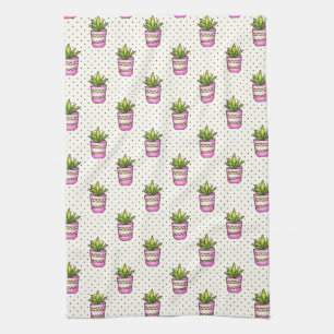Watercolor Succulent Polka Dot Pattern Tea Towel