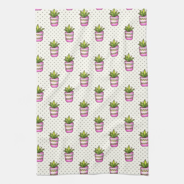 Watercolor Succulent Polka Dot Pattern Tea Towel (Vertical)