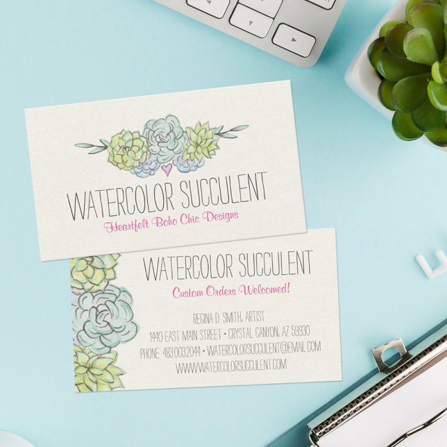Watercolor Succulent Shabby Chic Bohemian Floral Business Card (Creator Uploaded)
