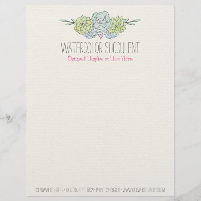 Watercolor Succulent Shabby Chic Bohemian Floral Letterhead Design (Front)