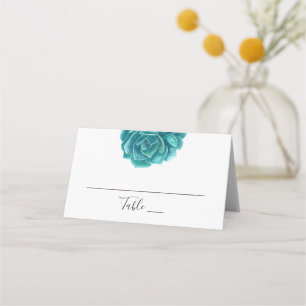 Watercolor succulent. Teal wedding. Botanical Place Card