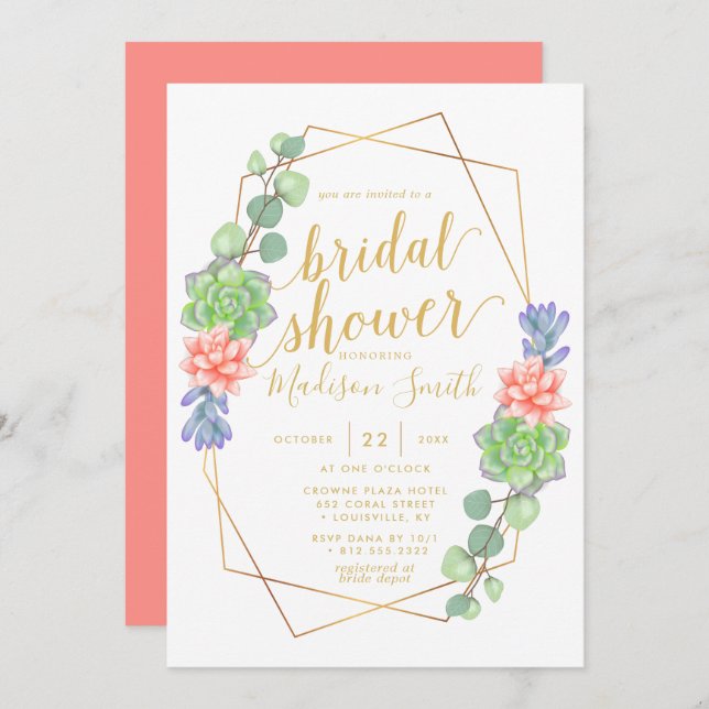 Watercolor Succulent Terrarium Bridal Shower Invitation (Front/Back)