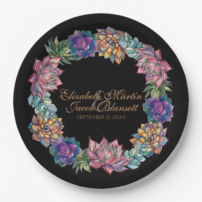 Watercolor Succulent Wreath black Wedding Paper Plate (Front)