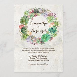 Watercolor Succulent Wreath Wedding Invitation