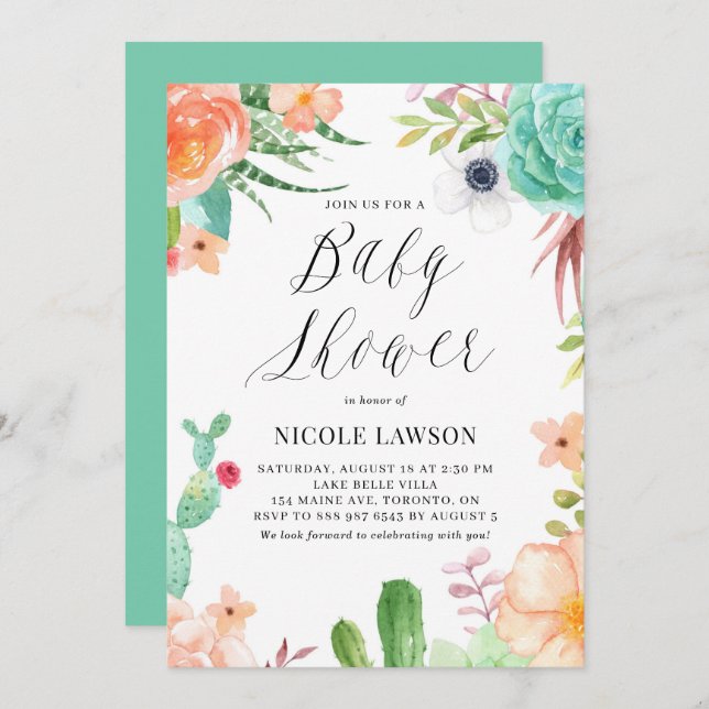Watercolor Succulents and Flowers Baby Shower Invitation (Front/Back)