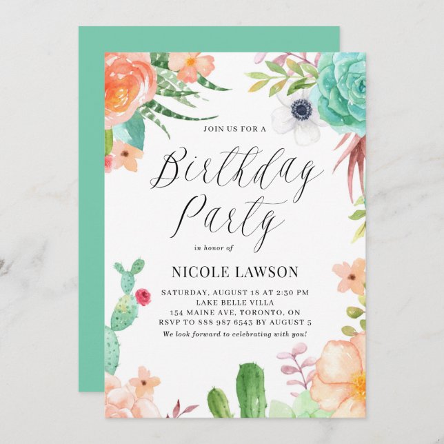 Watercolor Succulents and Flowers Fiesta Birthday Invitation (Front/Back)