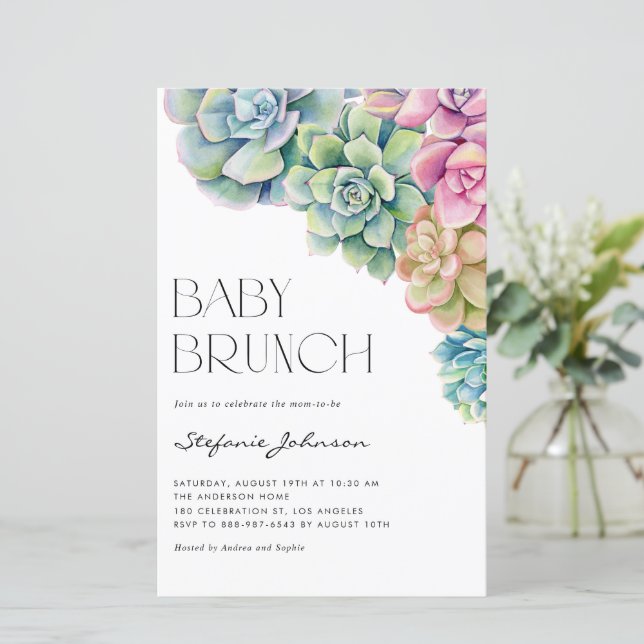 Watercolor Succulents Baby Brunch Invitation (Standing Front)