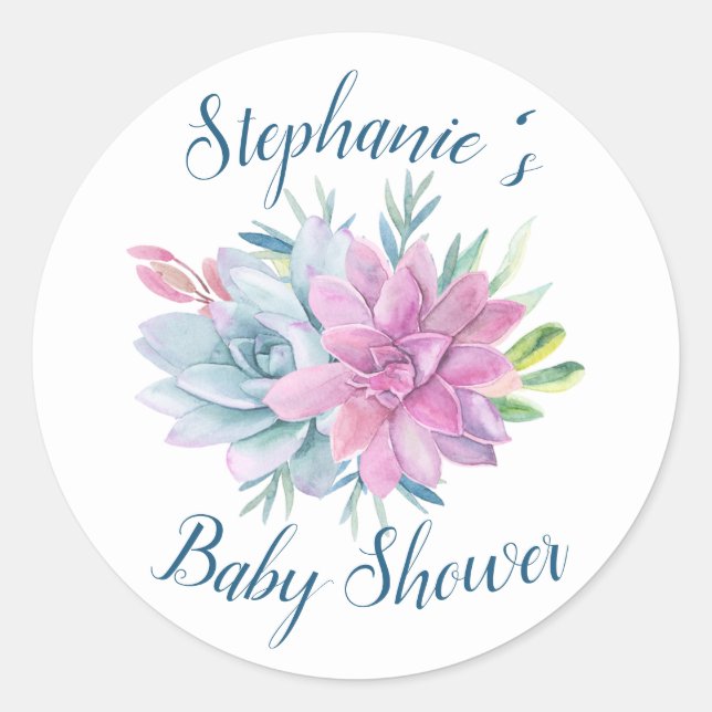 Watercolor Succulents Baby Shower Classic Round Sticker (Front)