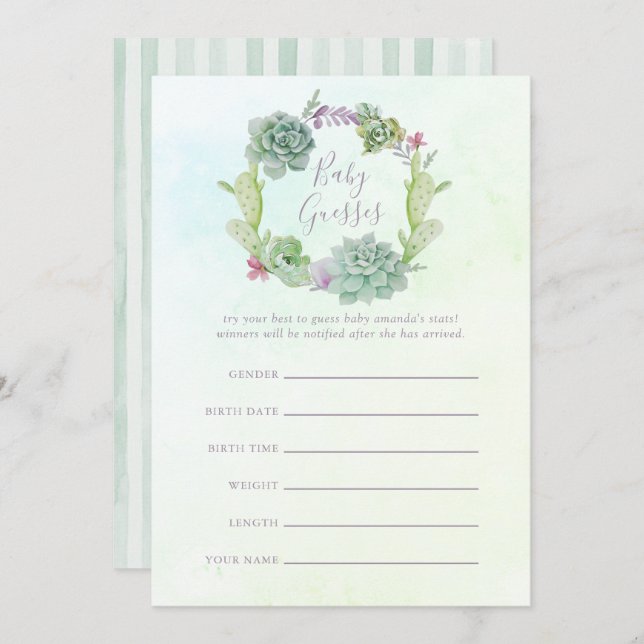 Watercolor Succulents Baby Shower Guessing Game Invitation (Front/Back)