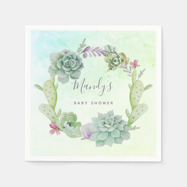 Watercolor Succulents Baby Shower Napkin (Front)