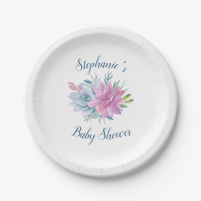 Watercolor Succulents Baby Shower Paper Plate (Front)