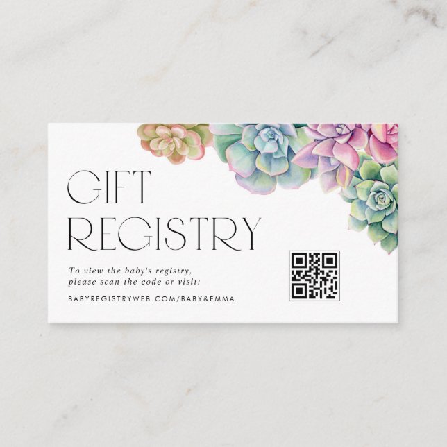 Watercolor Succulents Baby Shower QR Code Registry Enclosure Card (Front)