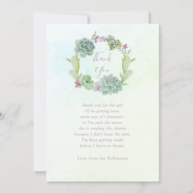Watercolor Succulents Baby Shower Thank You Card (Front)