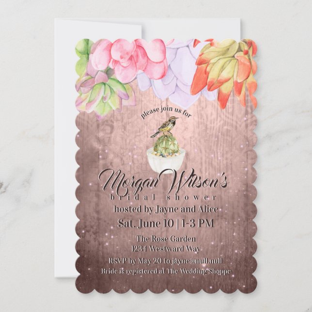 Watercolor Succulents Bird Peach Bridal Shower Invitation (Front)