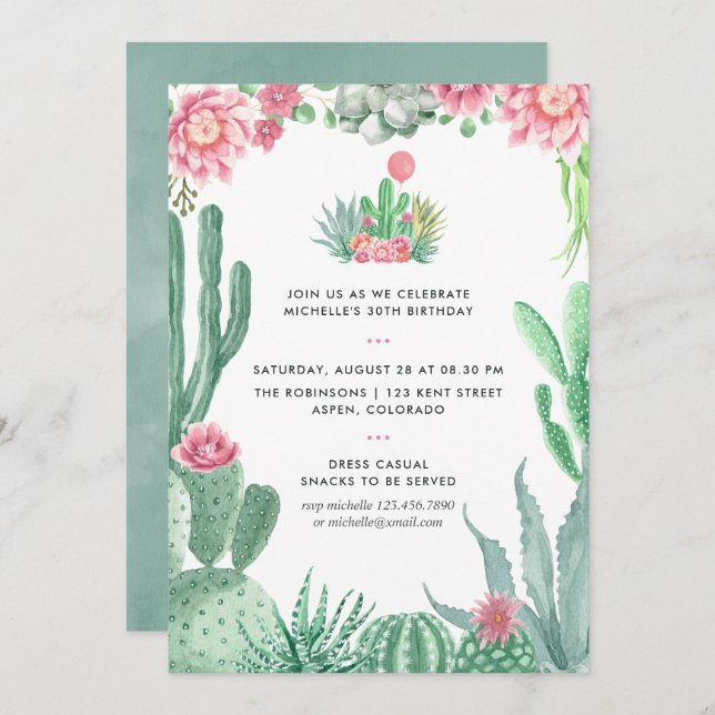 Watercolor Succulents Birthday Party Invitation (Front/Back)