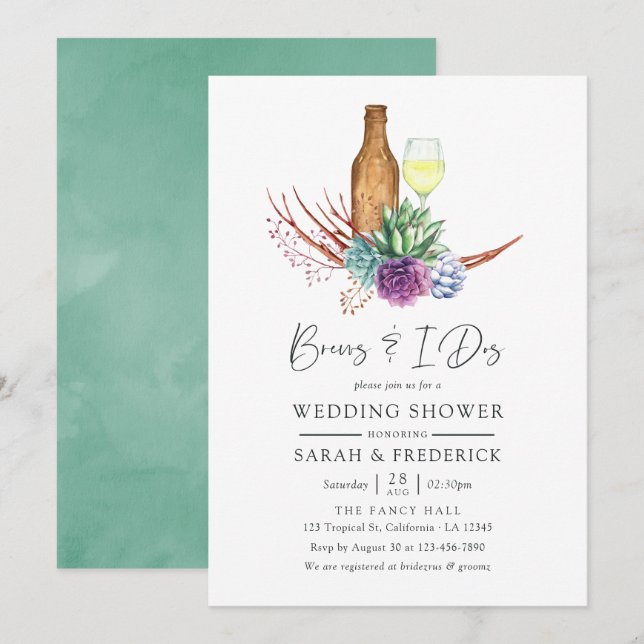 Watercolor Succulents Brews Before The I Dos Invitation (Front/Back)