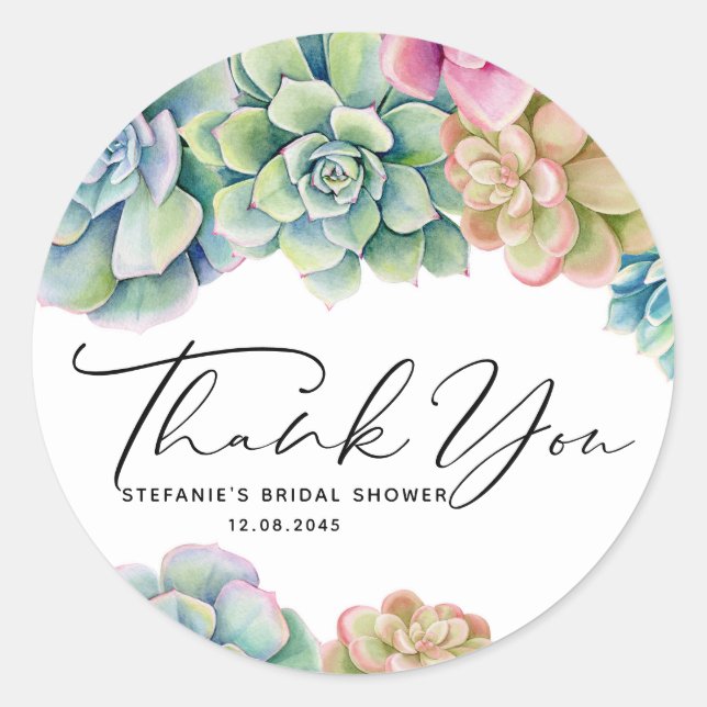 Watercolor Succulents Bridal Shower Thank You Classic Round Sticker (Front)