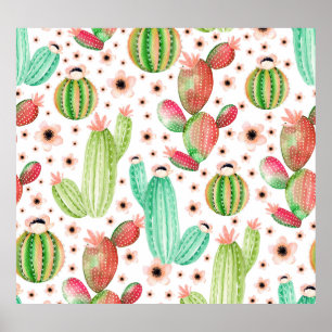 Watercolor succulents, cacti seamless pattern. poster