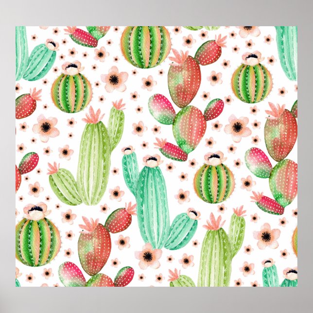 Watercolor succulents, cacti seamless pattern. poster (Front)