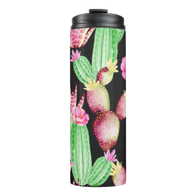 Watercolor succulents: cactus floral pattern. thermal tumbler (Front)