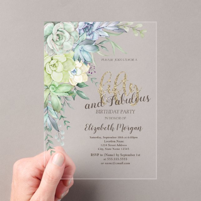 Watercolor Succulents Desert 50th Birthday  Acrylic Invitations (Insitu (Handheld))