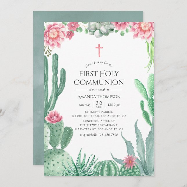 Watercolor Succulents First Holy Communion Invitation (Front/Back)