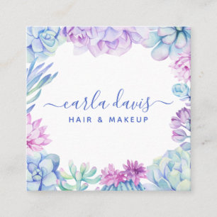 Watercolor Succulents Floral Boho Makeup Artist Square Business Card