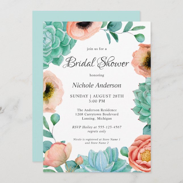 Watercolor Succulents Floral Bridal Shower Invitation (Front/Back)