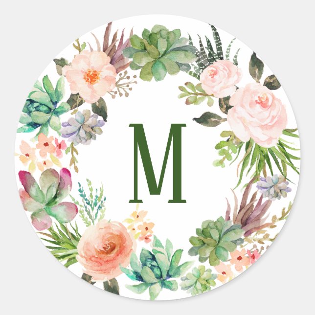 Watercolor Succulents Floral Wreath Monogram Classic Round Sticker (Front)