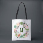 Watercolor Succulents Floral Wreath Monogram Tote Bag<br><div class="desc">Customisable bag featuring watercolor succulents and cactus wreath with flowers accent wreath. This floral monogram tote bag is perfect as a personalised gift.</div>