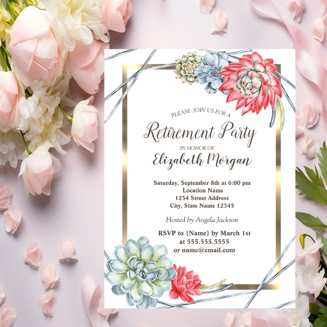 Watercolor Succulents Gold Glitter Retirement Invitation (Creator Uploaded)