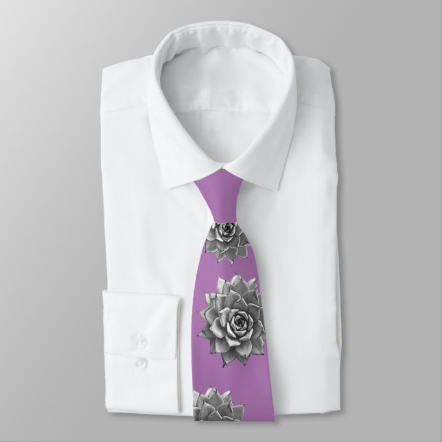 Watercolor Succulents Grey on Lavender Tie (Tied)