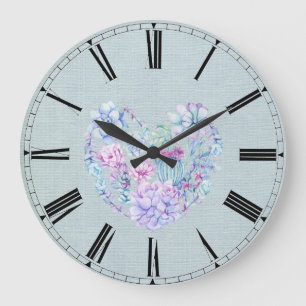 Watercolor Succulents Heart Large Clock