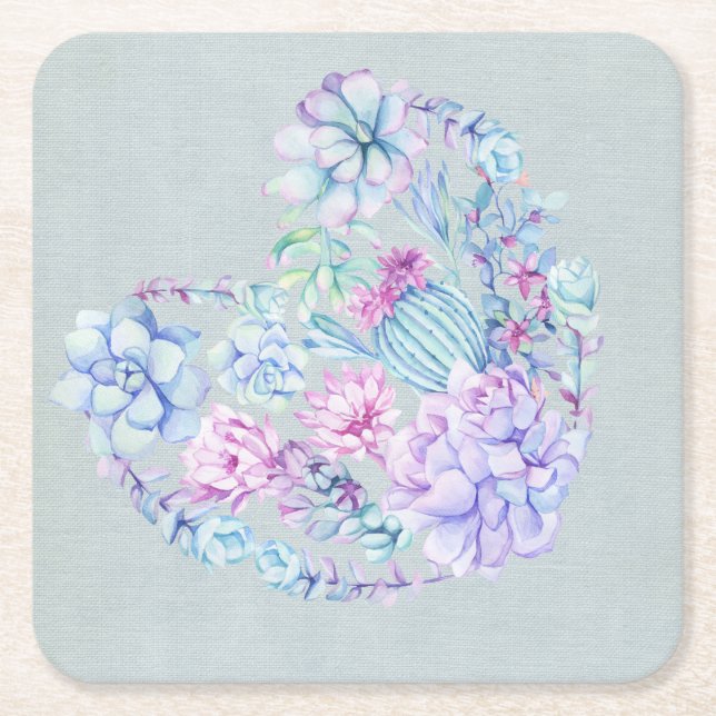 Watercolor Succulents Heart Square Paper Coaster (Front)
