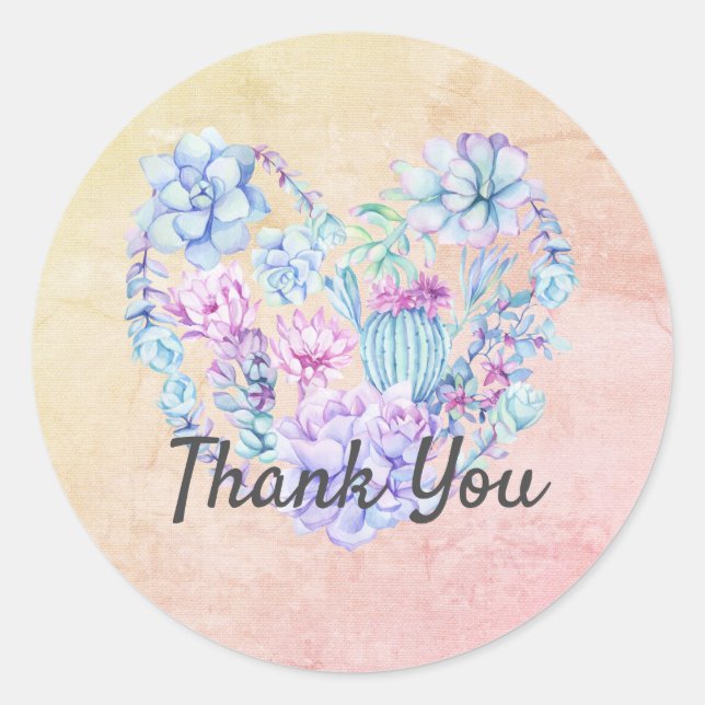 Watercolor Succulents Heart Thank You   Classic Round Sticker (Front)