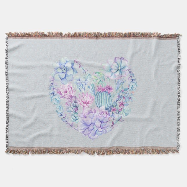 Watercolor Succulents Heart Throw Blanket (Front)