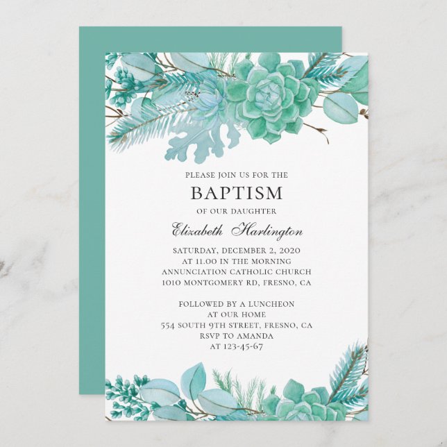 Watercolor succulents. Neutral mint winter baptism Invitation (Front/Back)