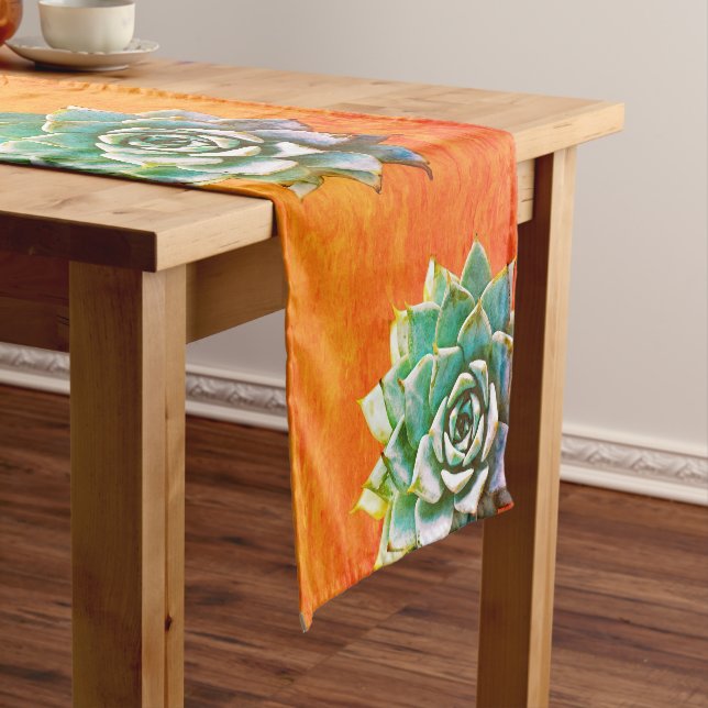 Watercolor Succulents on Terracotta Short Table Runner (In Situ)