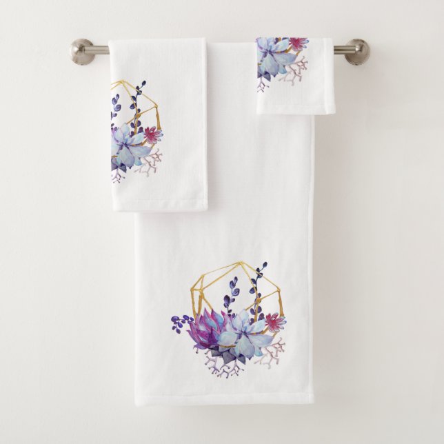 Watercolor Succulents On White   Bath Towel Set (Insitu)