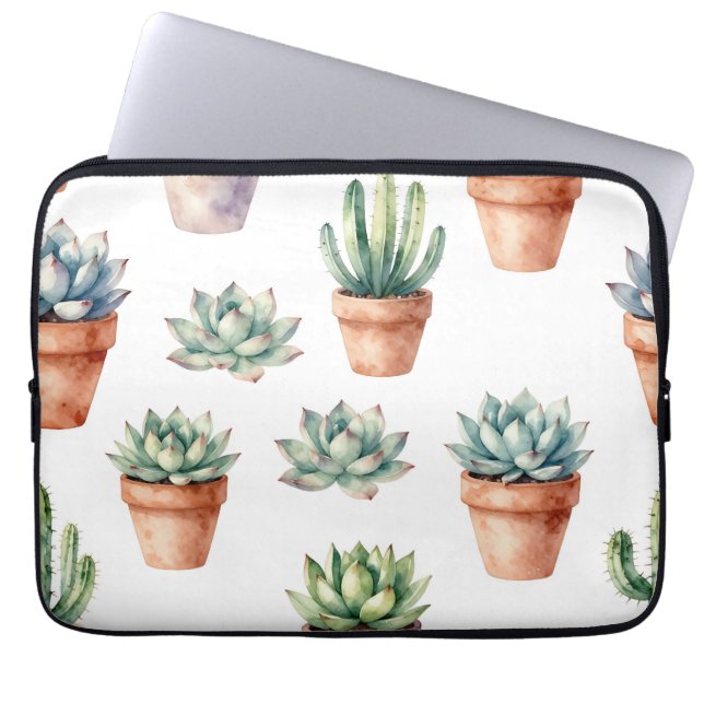 Watercolor Succulents Pattern Laptop Sleeve (Front)
